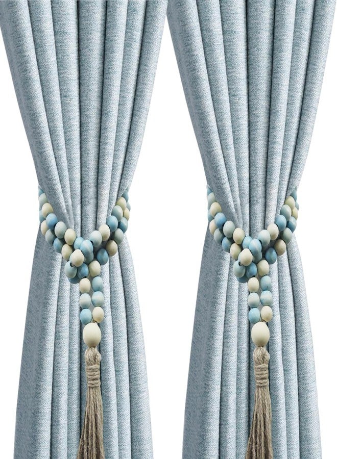 VKSG 2 Pack Wood Bead Curtain Tiebacks for Bedroom Decor Boho Farmhouse Rustic Decor, Baby Nursery Decor Curtain Holdbacks Tie Backs, Blue - Image 1